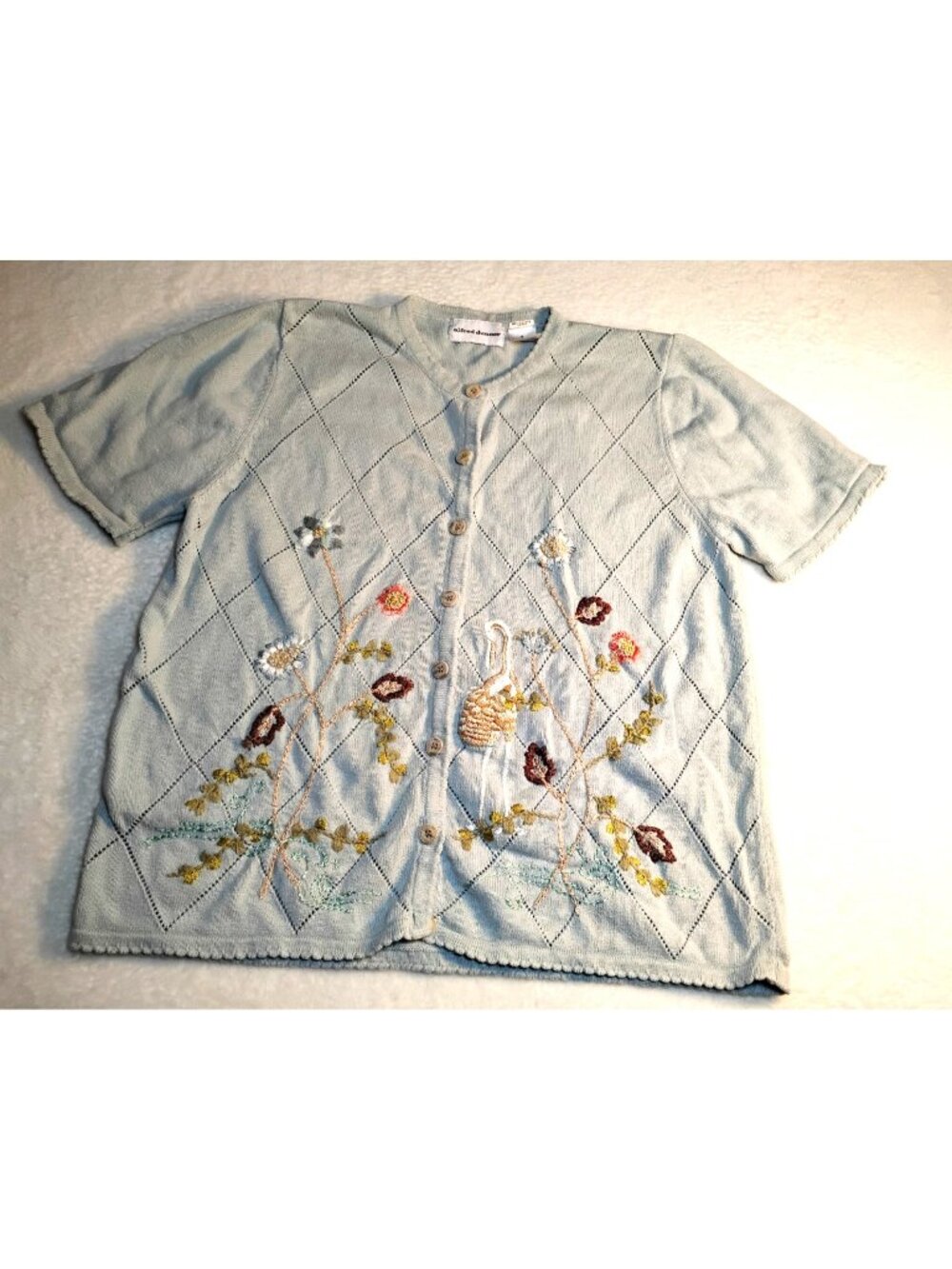 Vtg Alfred Dunner Womens Embroidered Cardigan Boho Floral Flamingo Size M Blue